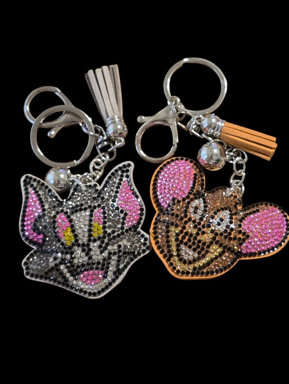 Sparkling Tom & Jerry Duo Bag Charm Keychains - Pink, Yellow, Black
